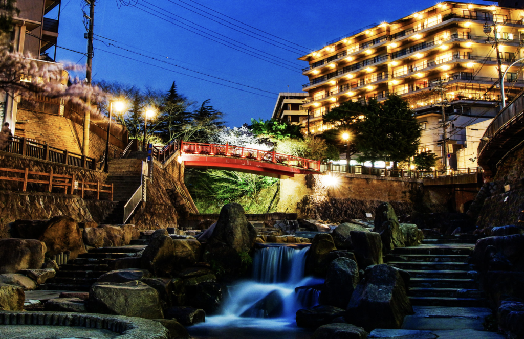 Beautiful illuminated night view of Arima Onsen town (hot springs)